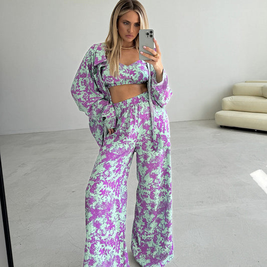 Printed Long-sleeved Underwear And Trousers Three-piece Set