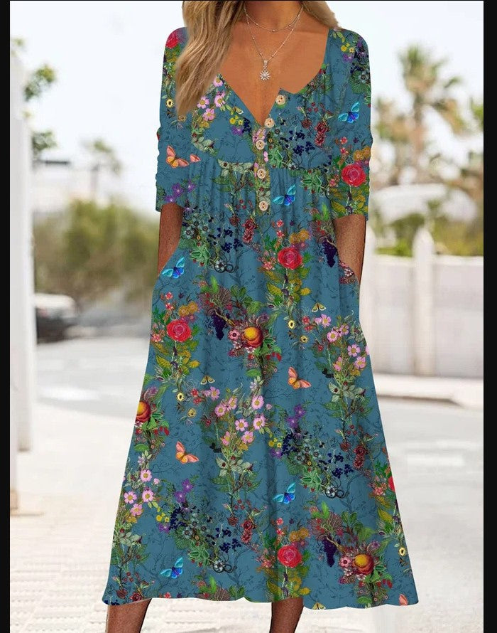 Printed Pocket Clinch Long Dress