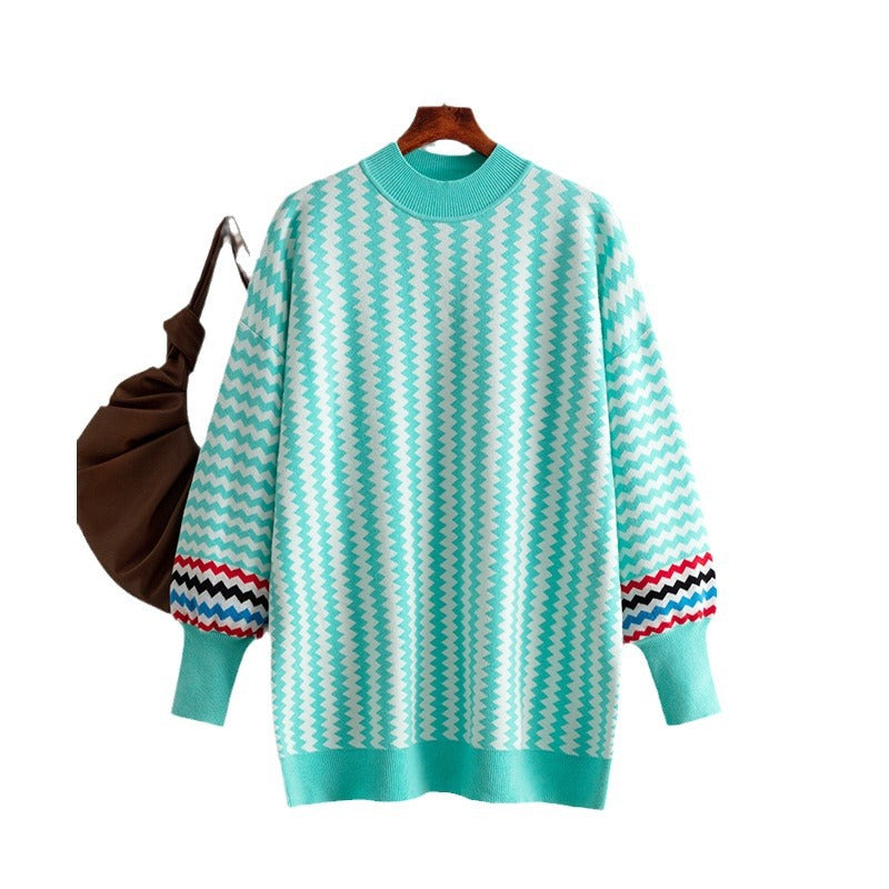 Women's Mid-length Round Neck Striped Loose Sweater