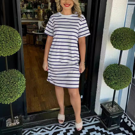 Fashion Striped Round Neck Dress Women