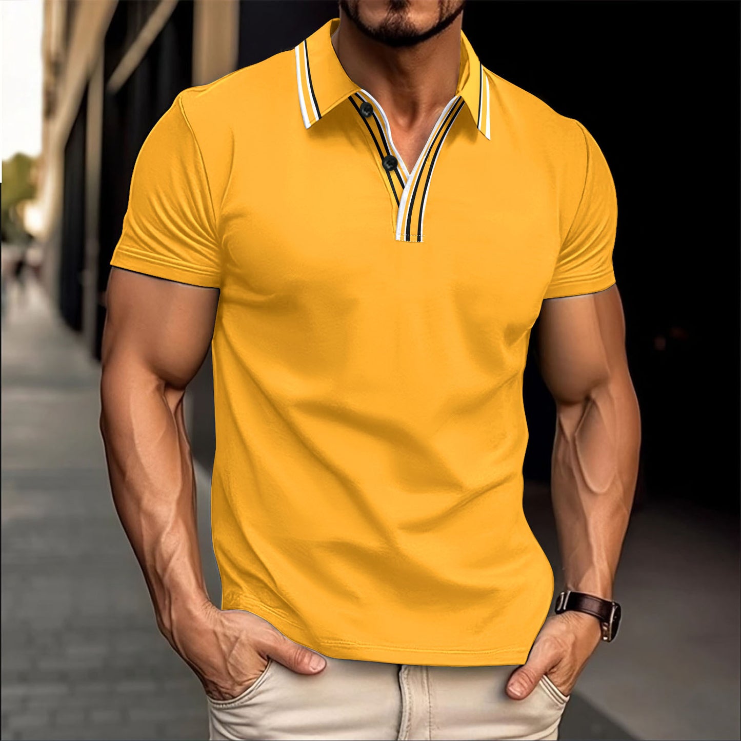 Men's Neckline Striped Casual Polo Collar Button All-match Polo Shirt Short Sleeve