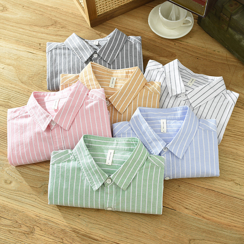 Men's Cotton Casual Striped Oxford Long-sleeved Shirt