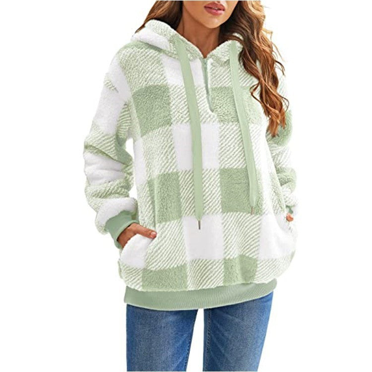 Women's Long-sleeved Hooded Plaid Plush Sweater