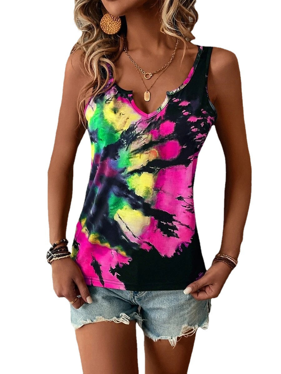 Printed Painted V-neck Open Vest Top