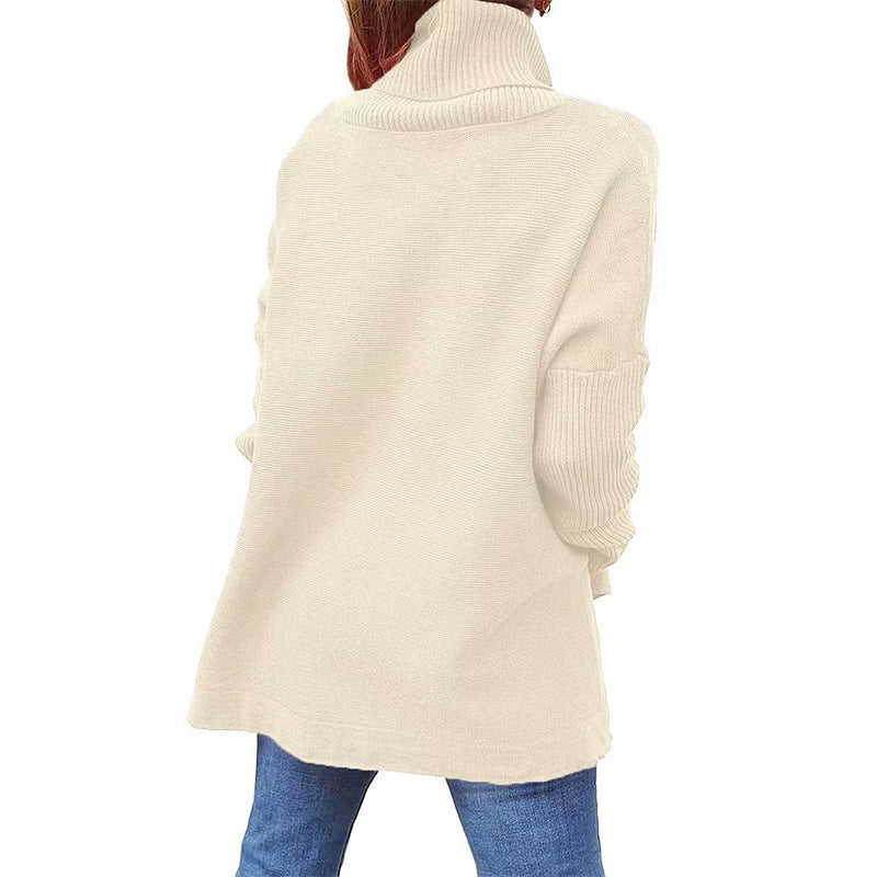 Women's Turtleneck Oversized Mid-length Batwing Split Sleeve Hem Waist Pullover Sweater