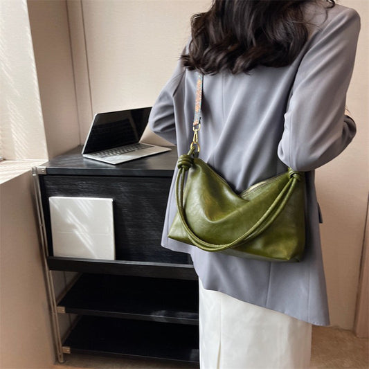 Women's High-end Soft Leather Textured Shoulder Geometric Wide Shoulder Strap Crossbody Bag