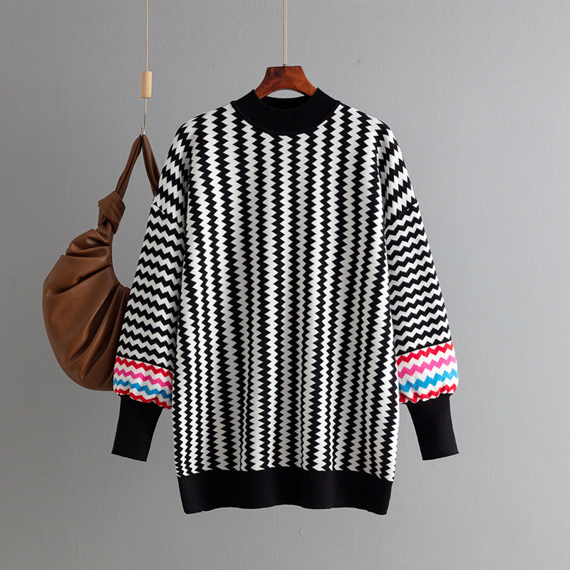 Women's Mid-length Round Neck Striped Loose Sweater