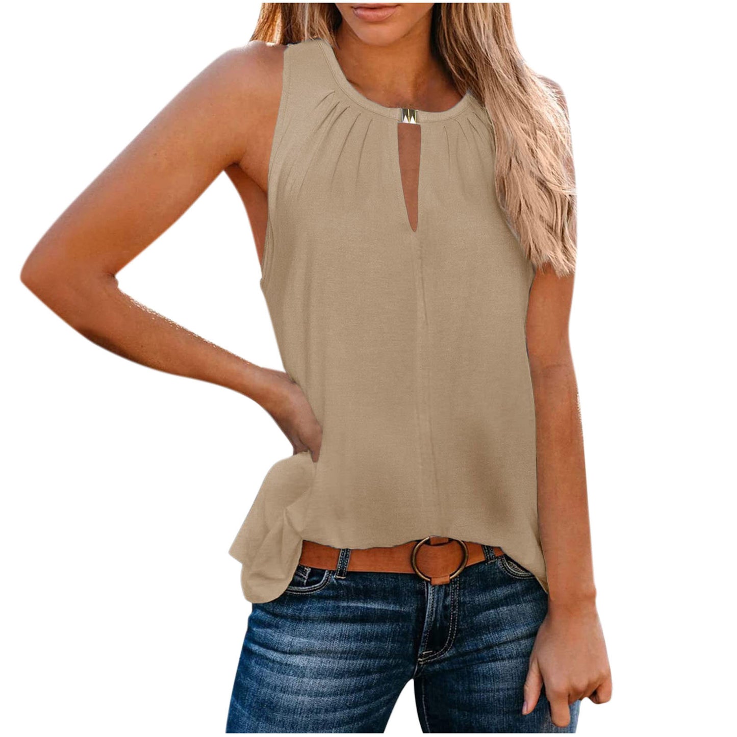 Fashionable Elegant Design Buckle V-neck Solid Color Vest For Women