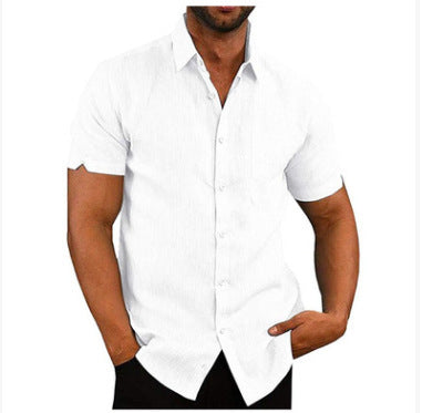 Summer Lapels Solid Color Short Sleeve Button Linen Shirt Men's Clothing