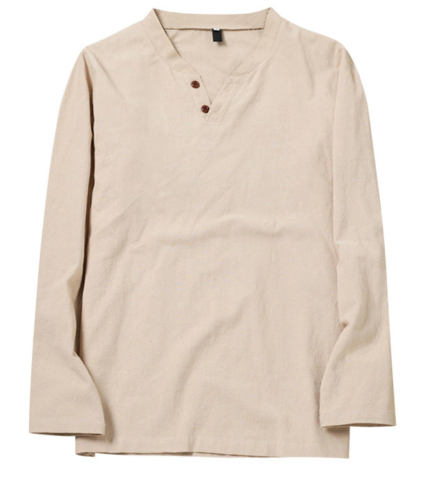 Men's Long Sleeve V-neck Casual Beach Linen Shirt