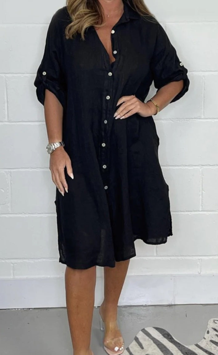 Loose Casual Half Sleeve Solid Color Cotton Linen Shirt Dress