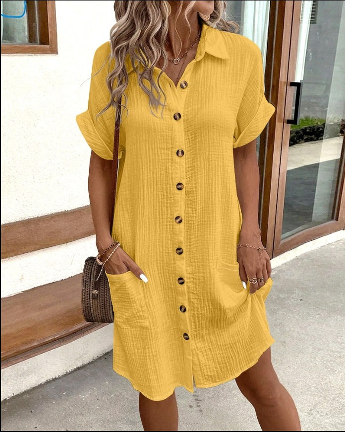 Solid Color Single-breasted Mid-length Short Sleeve Loose Dress