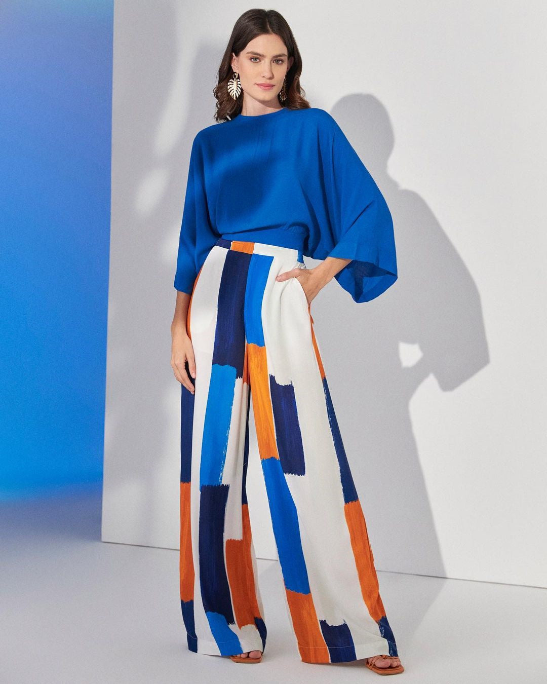 Blue Top High Waist Wide Leg Pants Suit