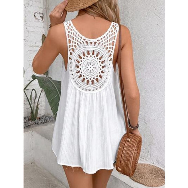 Simple Lace Lace Cutout Printed Top For Women