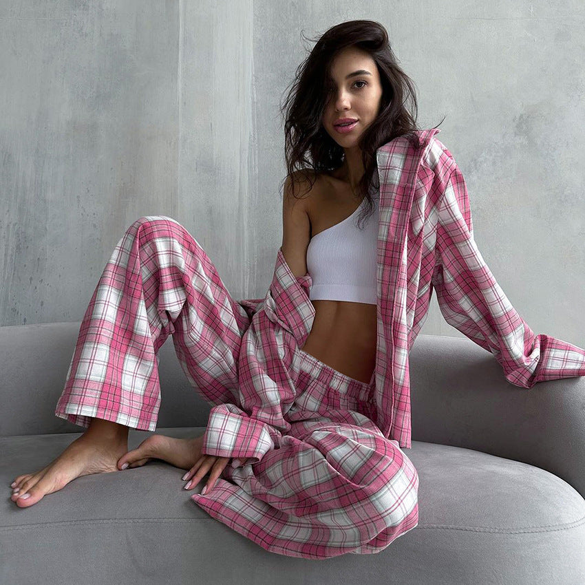 Fashion Plaid Shirt And Trousers Two-piece Set