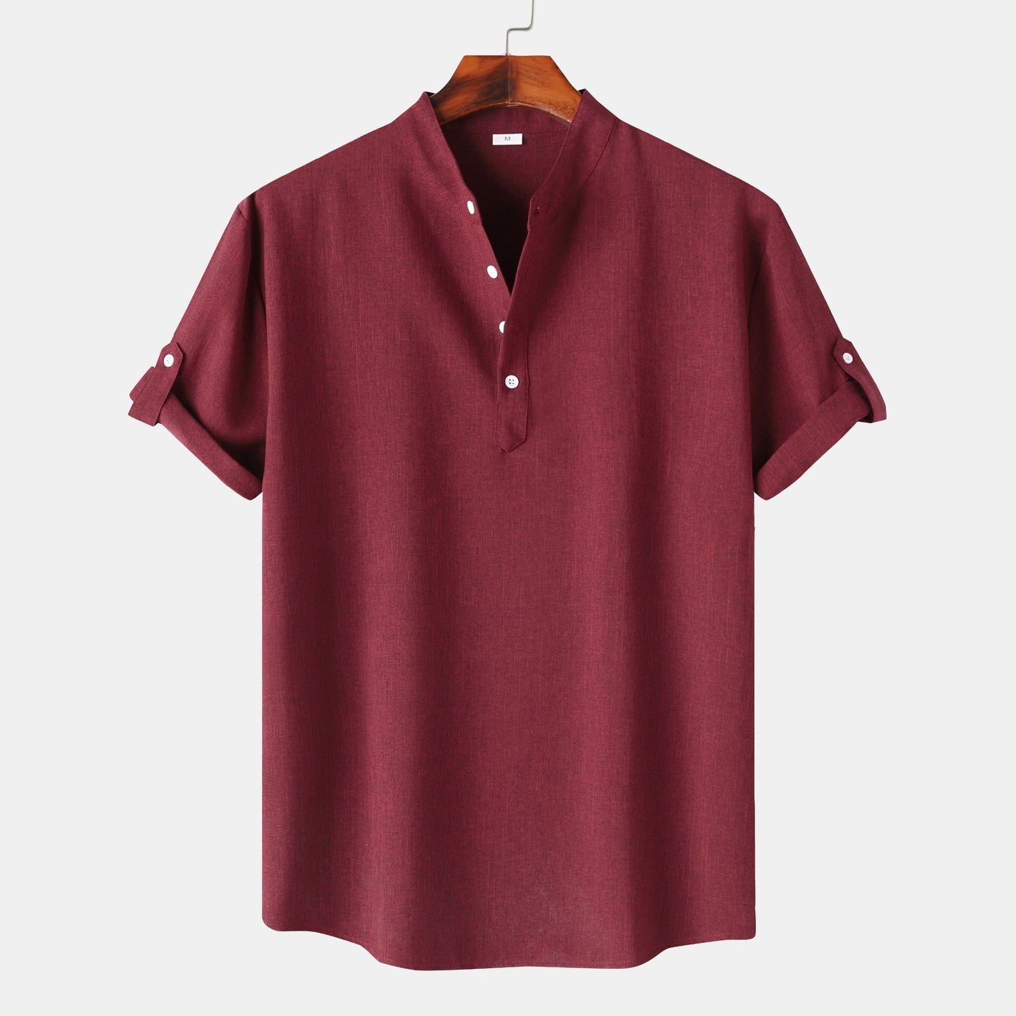 Men's Solid Color Stand Collar Short Sleeve Shirt