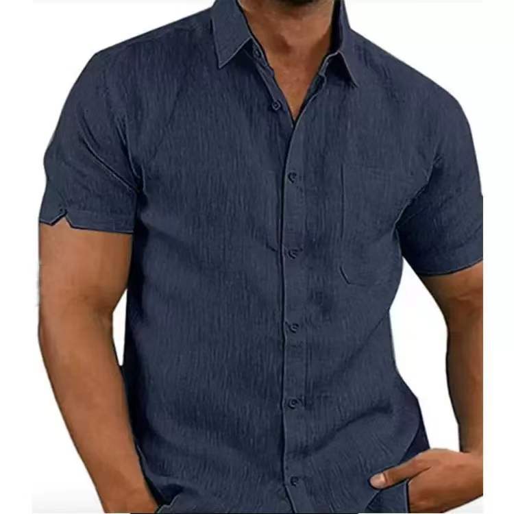 Summer Lapels Solid Color Short Sleeve Button Linen Shirt Men's Clothing