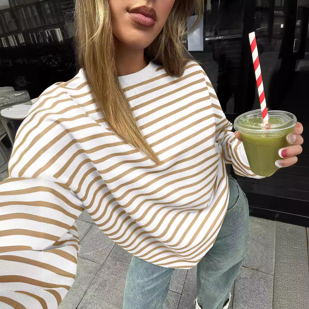 Women's Colorful Striped Round Neck Loose Sweatshirt