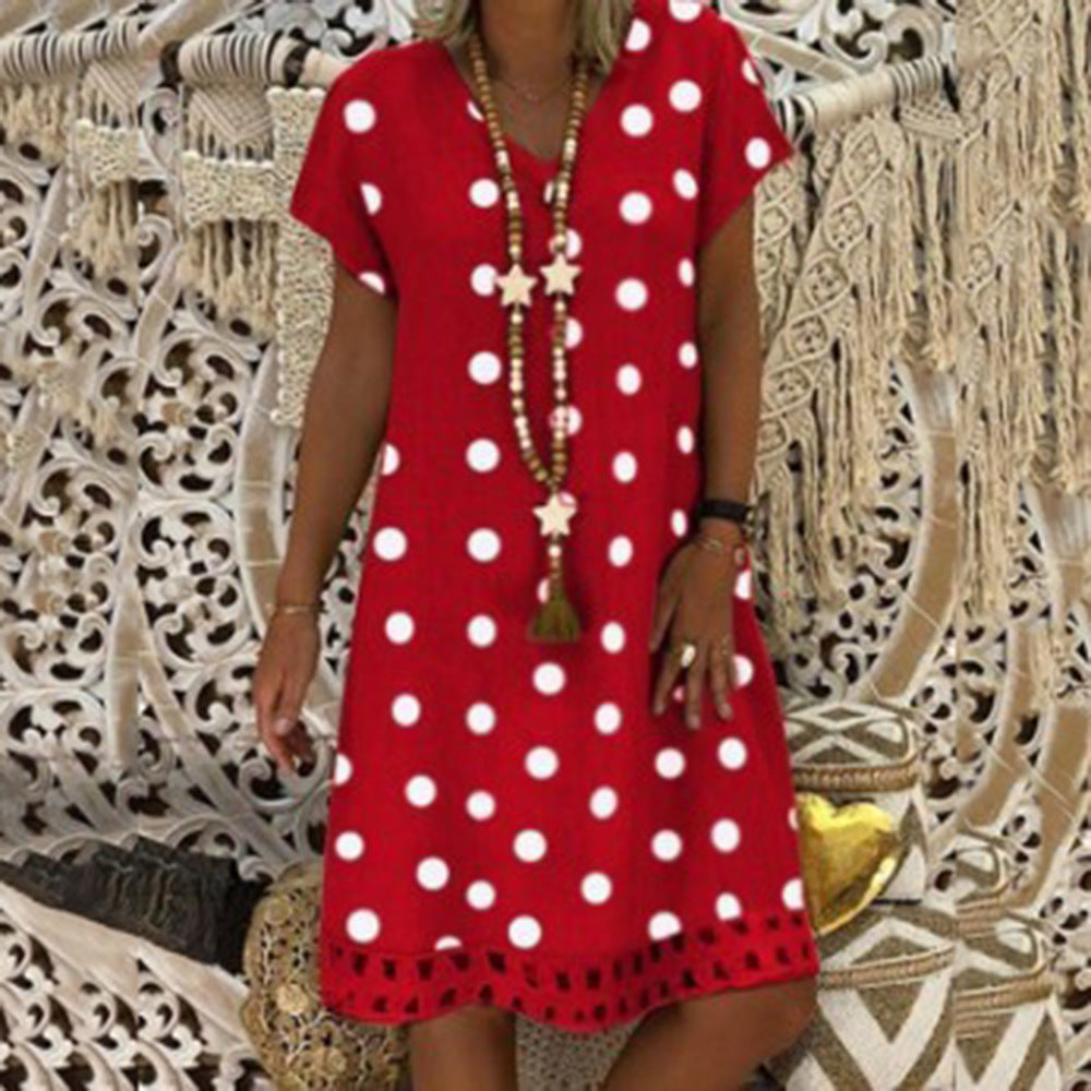 Women's Fashion Polka Dot Short Sleeve V-neck Printed Midi Dress