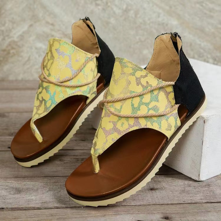 Women's Flip-toe Printed Flat Sandals With Back Zipper