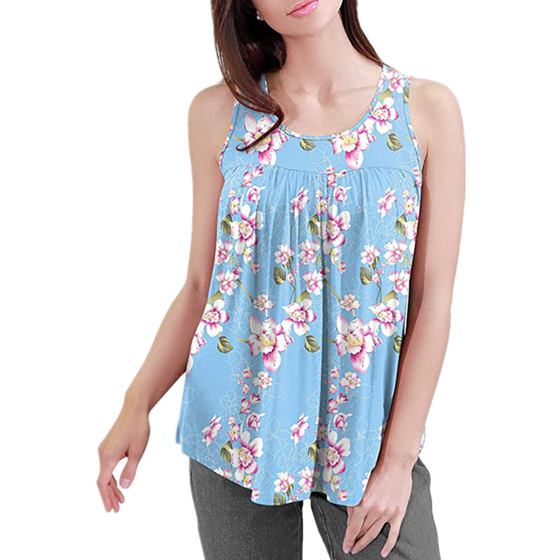 Women's Printed Round Neck Pleated Sleeveless Vest Top