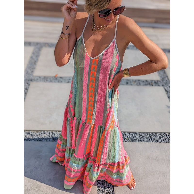 Women's Fashion Casual Versatile Holiday V-neck Stitching Long Dress