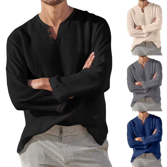 Men's Long Sleeve V-neck Casual Beach Linen Shirt