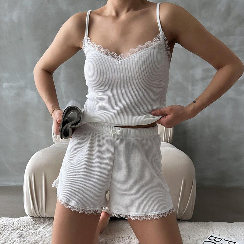 Simple solid Cotton Lace spagetti strap pajama short set