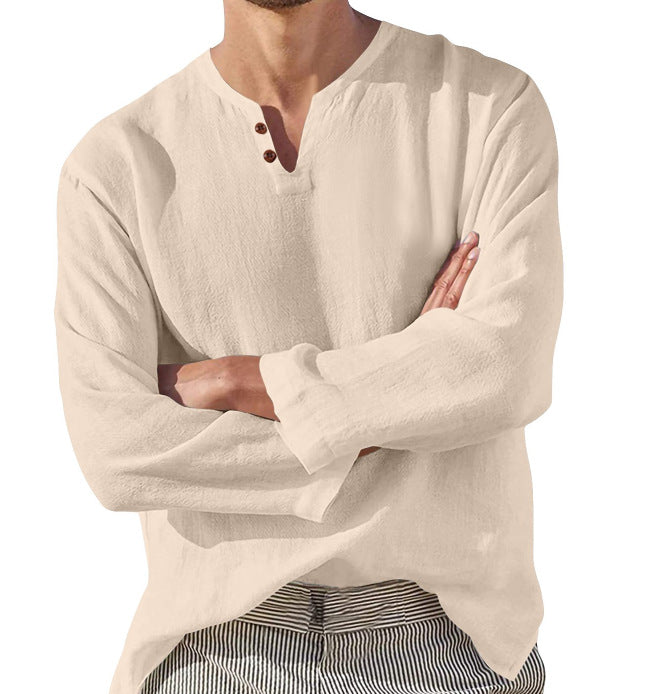 Men's Long Sleeve V-neck Casual Beach Linen Shirt