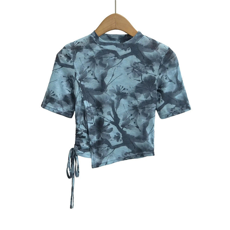 New Chinese Ink Painting Butterfly Mesh Short Sleeve Summer Asymmetric Slim-fit Shoulder T-shirt