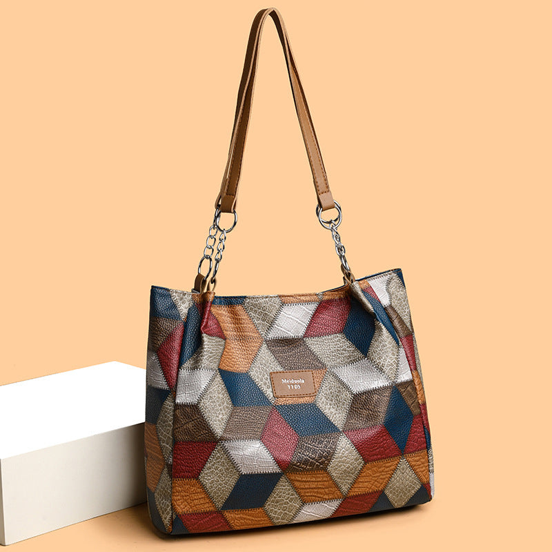New Simple Stitching Fashion Shoulder Bag Large Capacity Totes PU Soft Texture Casual Light Trendy Handbag