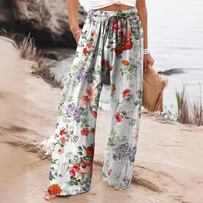 Fashionable Floral Art Printed Elastic Waist Drawstring Pocket Trousers