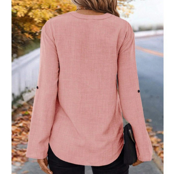 European And American Elegant Fashion Casual Solid Color Cotton Linen Long Sleeve V-neck Top