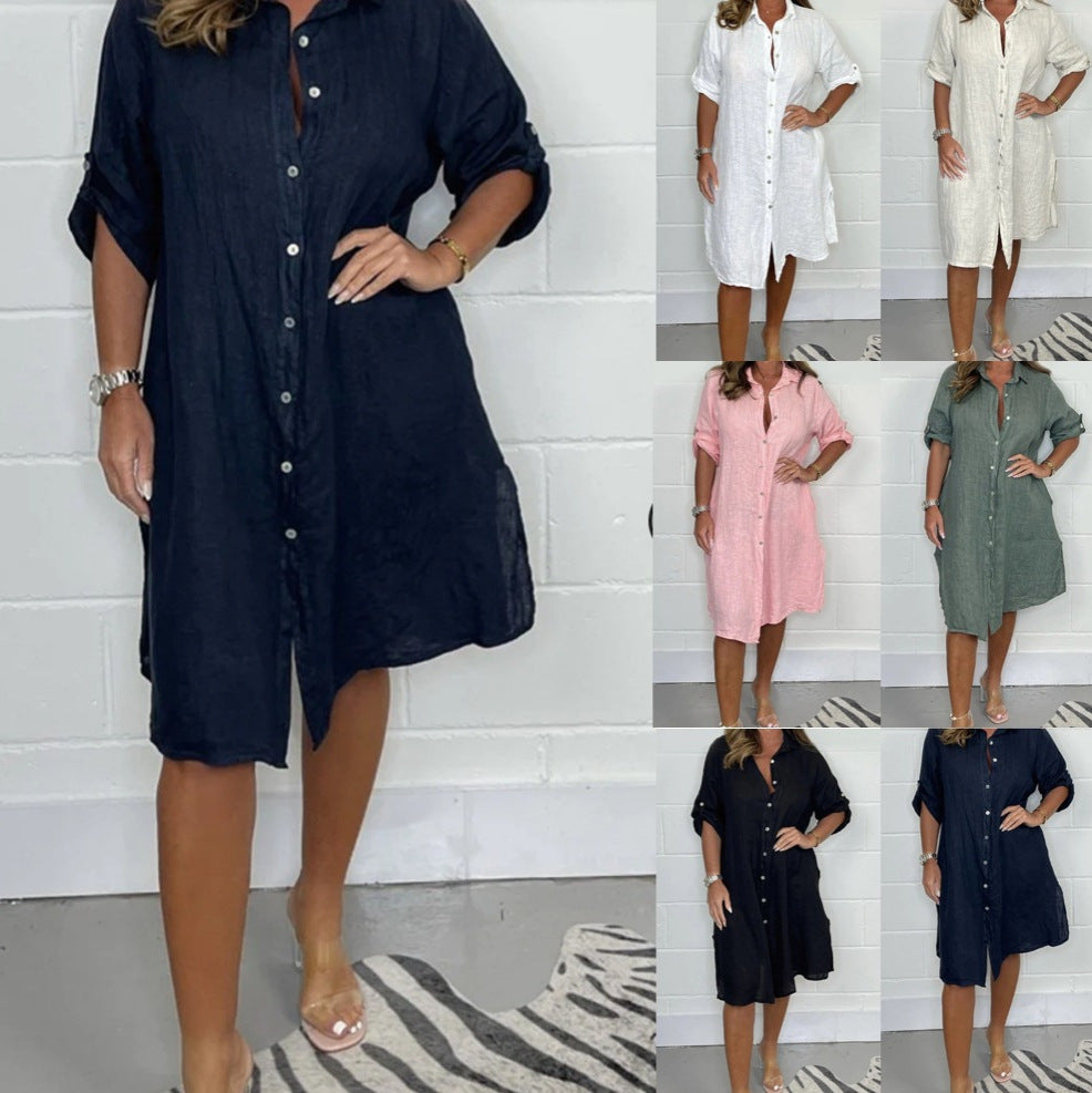 Loose Casual Half Sleeve Solid Color Cotton Linen Shirt Dress