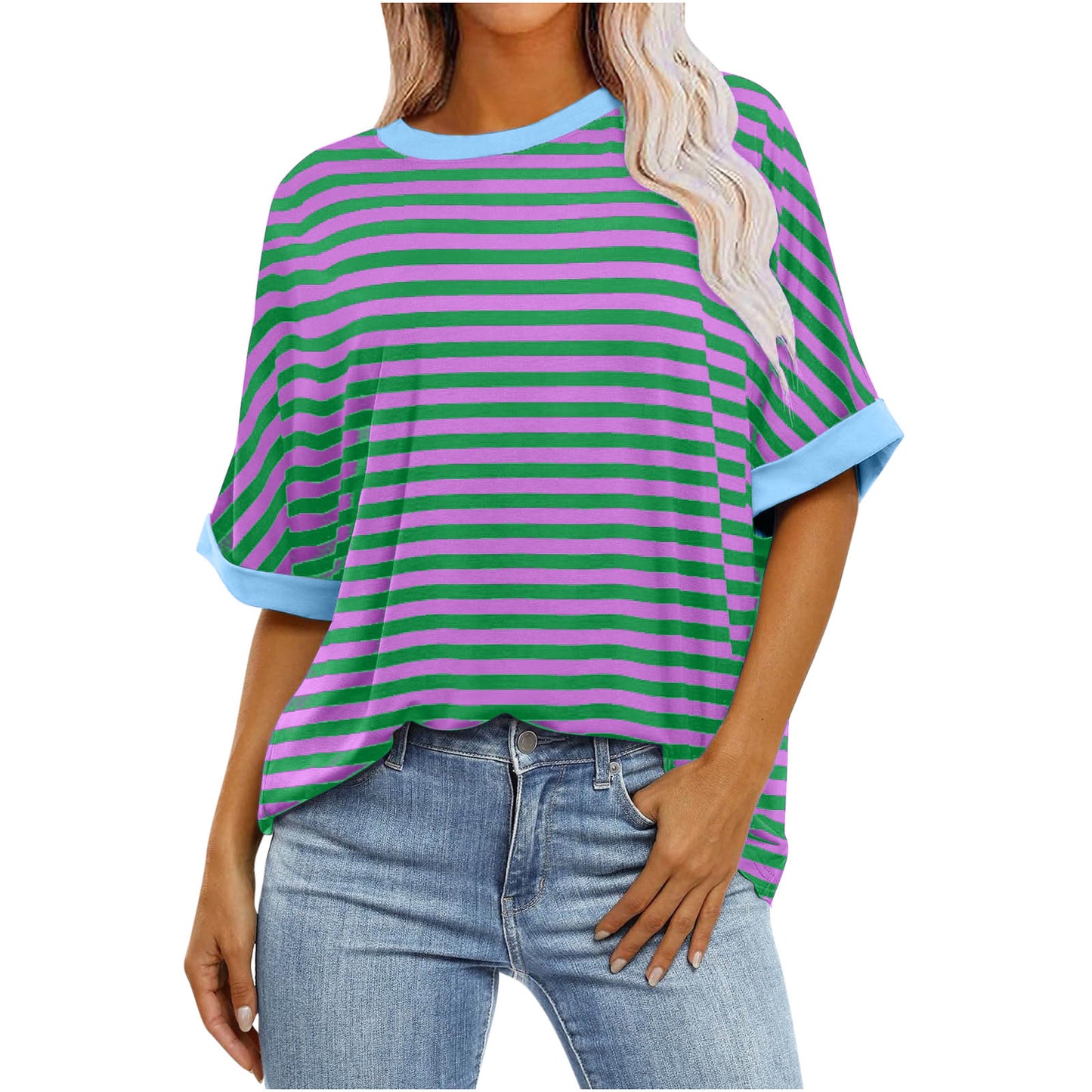 Women's Striped Printed Loose Color Matching Short Sleeve