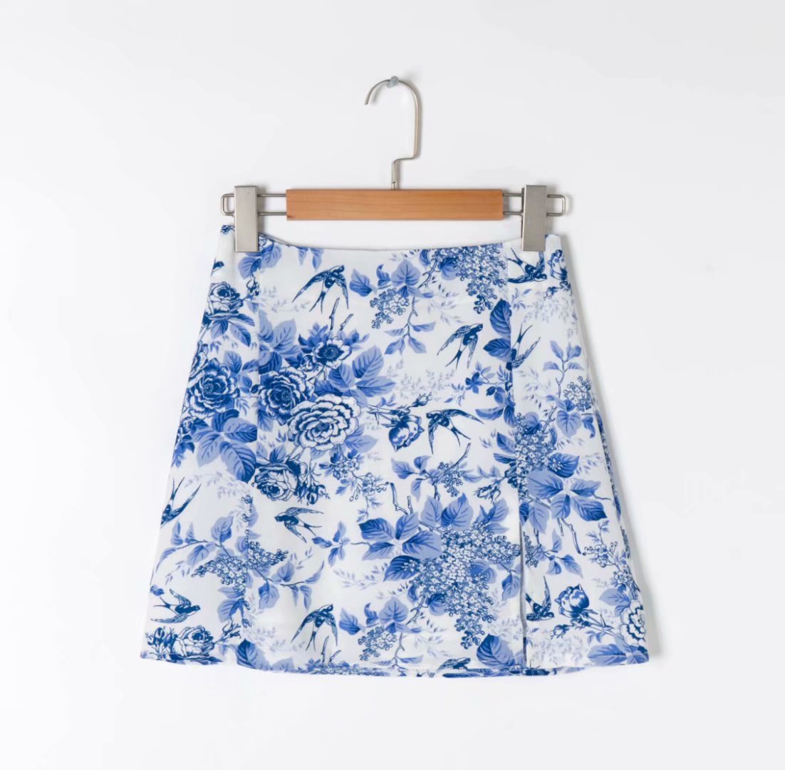 Blue And White Porcelain Printed Stretch Slimming Blue Skirt