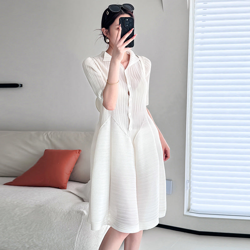 Printed Loose Slimming Belly-covering Pleated T-shirt Dress