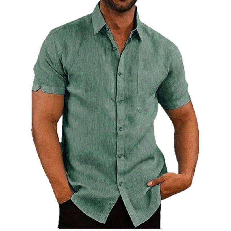 Summer Lapels Solid Color Short Sleeve Button Linen Shirt Men's Clothing