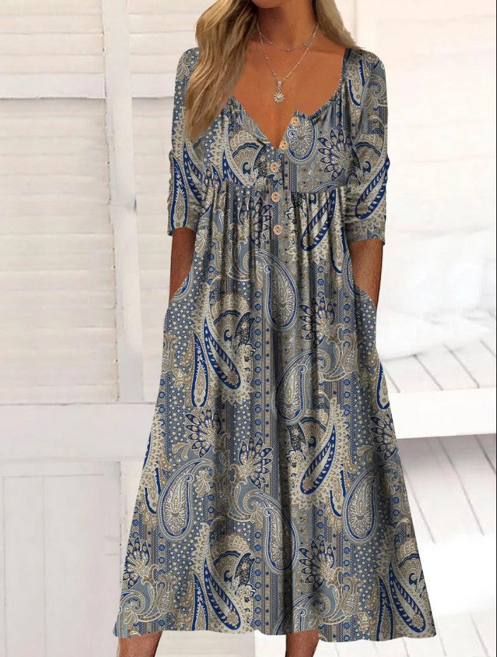 Printed Pocket Clinch Long Dress