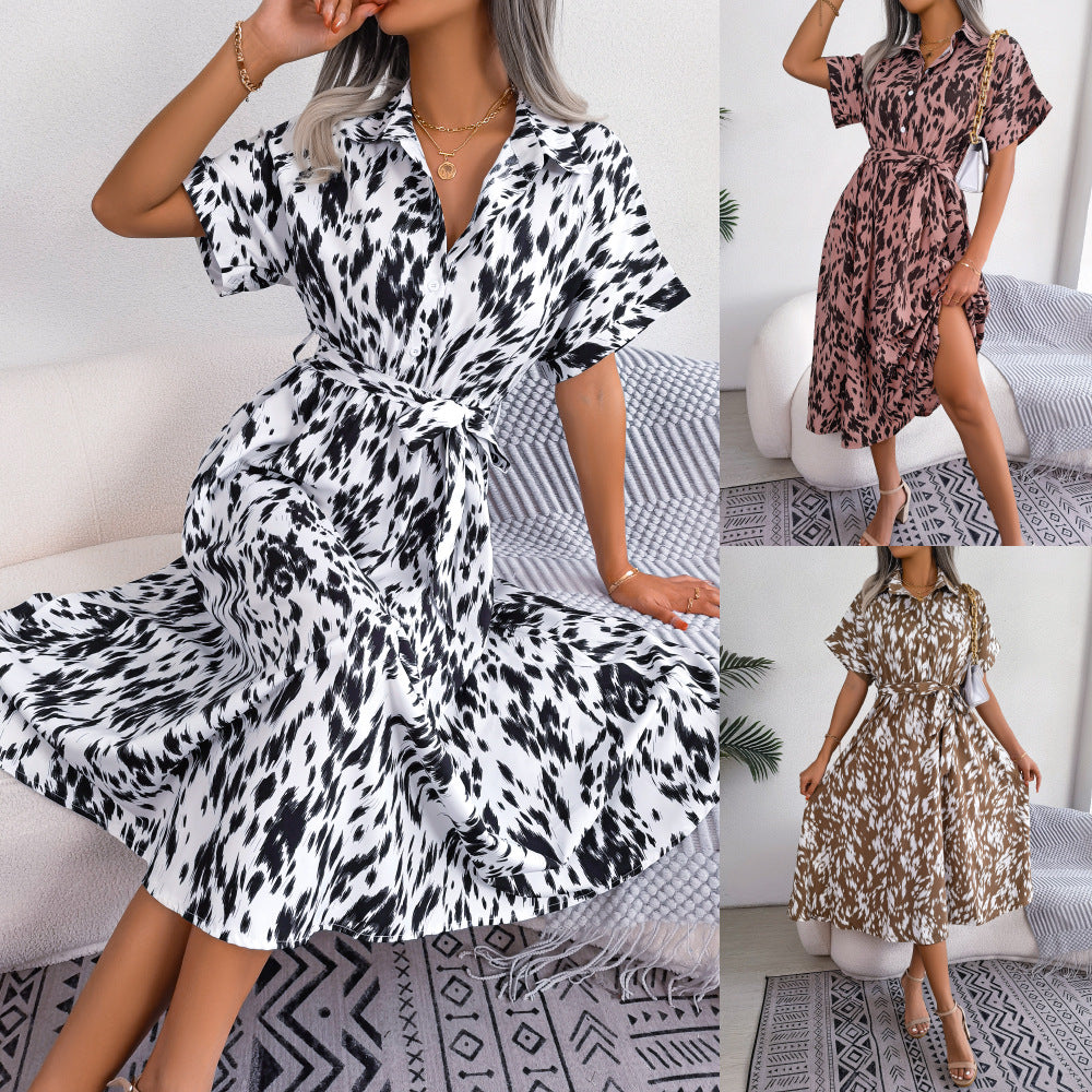 Leisure Loose Leopard Print Lace-up Shirt Dress