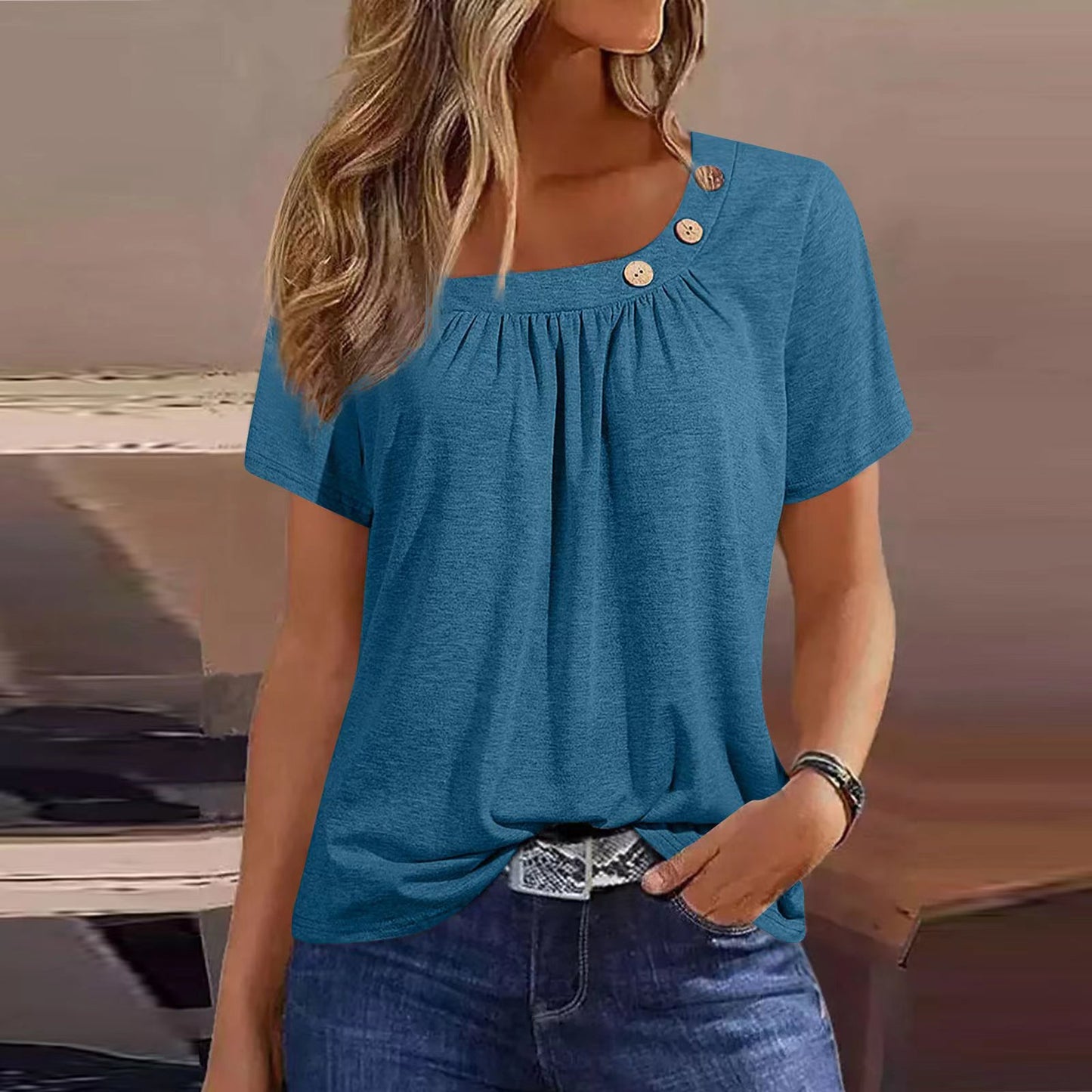 Loose Solid Color Round Neck Button Pleated Short Sleeves T-shirt