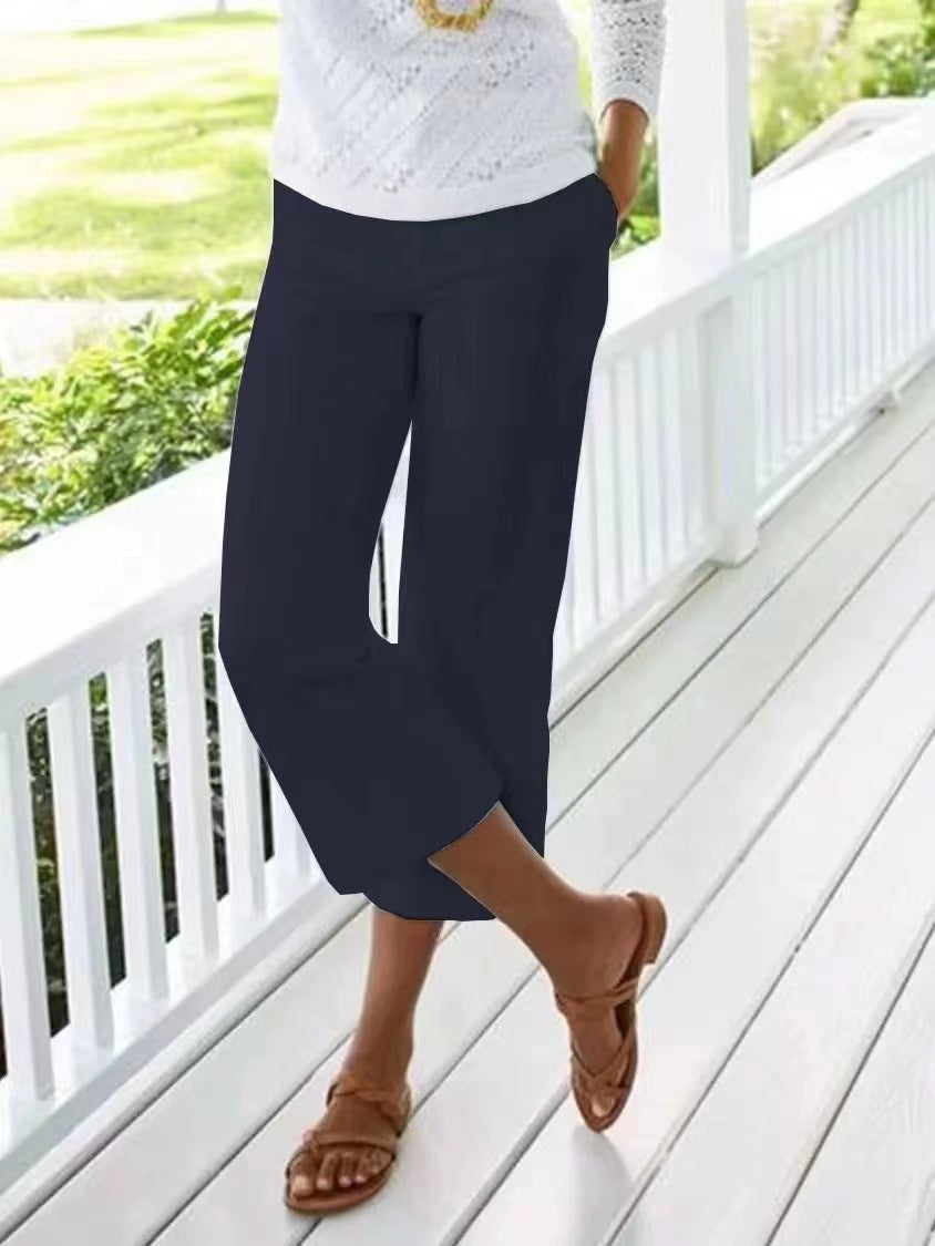 Women's Slub Cotton Linen Elastic-waist Casual Pants