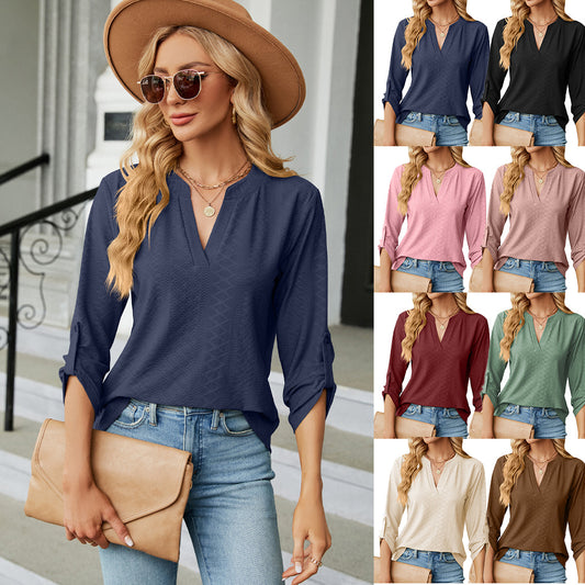 Women's V-neck Buttons Solid Color Long Sleeve Loose-fitting T-shirt Top