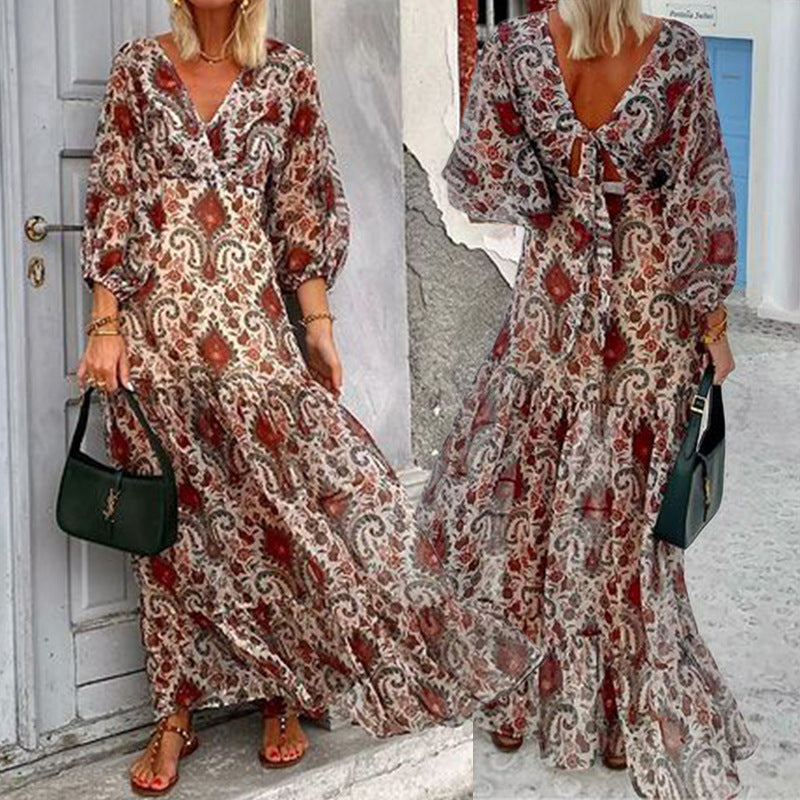 Fashion Temperament Printed V-neck Bohemian Long Dress