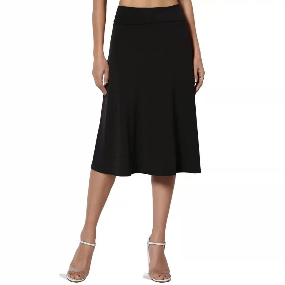 Women's Flared Elastic Midi Skirt High Waist Skirt