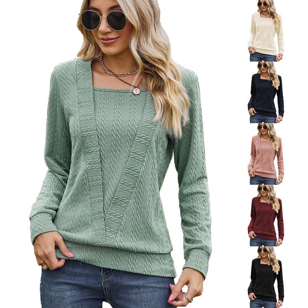 Square Collar Cross Loose Long-sleeved T-shirt Top For Women