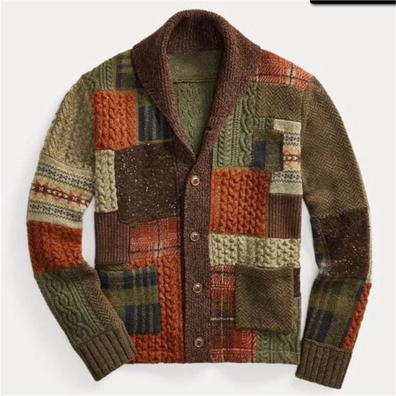 Patch Color Matching Sweater Casual Cardigan Coat