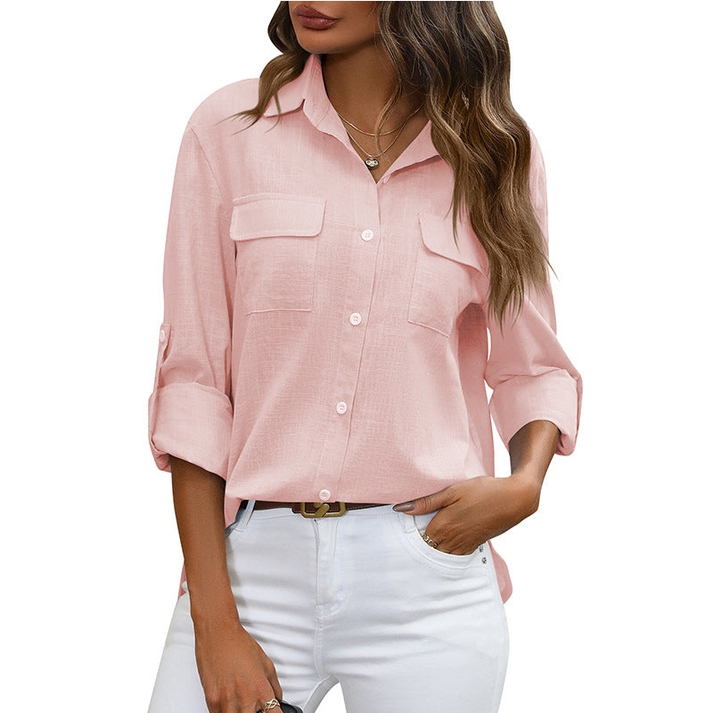 European And American Style Women Button Loose Shirt Solid Color Casual