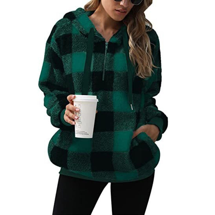 Women's Long-sleeved Hooded Plaid Plush Sweater