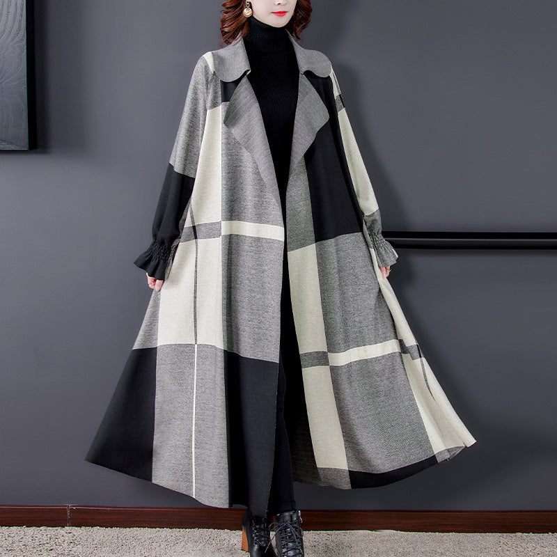 Women's Fashion Artistic Elegant Suit Collar Mid-length Thin Plaid Woolen Trench Coat